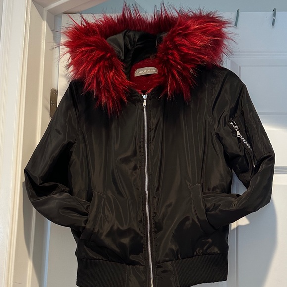 Bagatelle Black Bomber Jacket with Red Fur Collar - Picture 5 of 8
